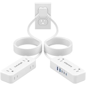 Split Extension Cord 20FT (10FT on Each Side), Single Flat Plug Twin Extension Cord with 4 AC Outlets, 2 USB-A & 3 USB-C(24W/4.8A), Nightstand Charging Station for Bedroom Dorm Room Home, His and Hers
