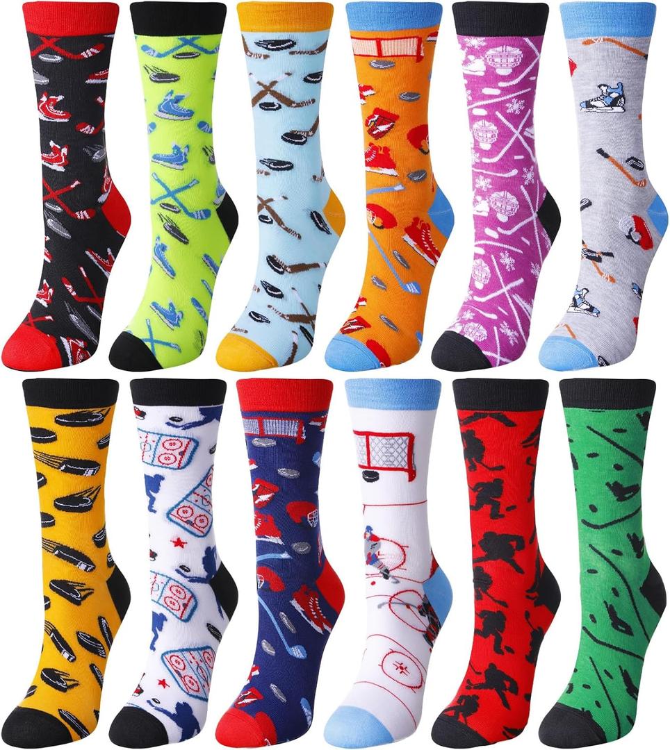 Wesiti 12 Pairs Funny Men's Hockey Socks Gift for Men Women Sports Fans and Players Novelty Cotton Athletic Crew Socks Birthday Winter Gift for Ice Hockey Lovers Valentine's Present