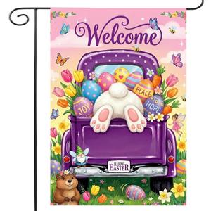 BANANABROTHER Easter Garden Flag - Gift Ready Packed - Easter Decorations Outdoor, Spring Decor Premium Linen Yard Flags for Outside, Purple Truck with Bunny Tail & Eggs 12x18 Inch Double Sided