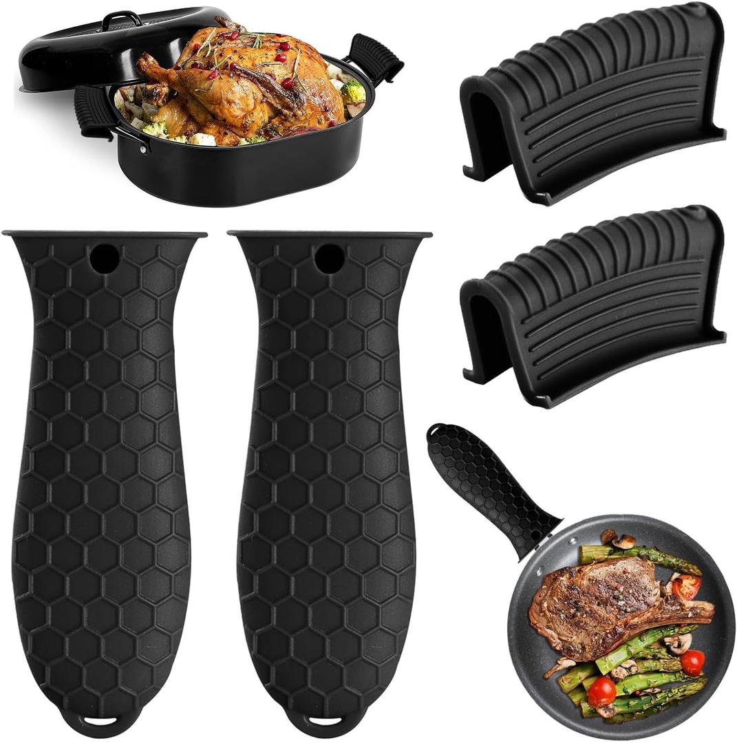 4 Pack Silicone Hot Handle Holder Cover Cast Iron Handle Cover Silicone Pot Holders Heat Resistant Assist Pan Handle Sleeve Non-Slip Pot Handle Covers for Cast Iron Skillet Metal Pan(Black) (2L)