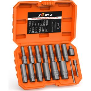 16PCS 3/8" Drive Deep Bolt Extractor Set, Impact Bolt Nut Remover Set, Stripped Lug Nut Extraction Socket Set For Narrow Space Removing Broken, Damaged, Frozen, Rusted, Rounded-Off Bolts, Nuts, Stud