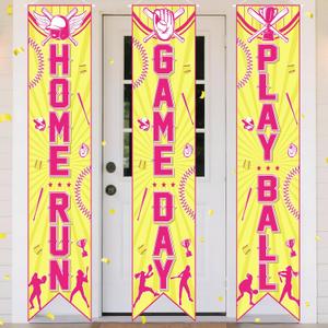 3PCS Softball Porch Sign Banners,Yellow Softball Sports Party Decorations Welcome Hanging Baseball Door Banner for Wall Yard Game Time Day Festival Party Supplies Decor School Home Indoor Outdoor
