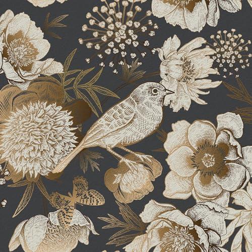 Wallercity Golden/Black Peony Peel and Stick Floral Wallpaper Vintage Floral Contact Paper for Cabinets and Drawers Vinyl Self Adhesive Removable Vintage Wallpaper for Bedroom Shelf Liner 17.5''x102''