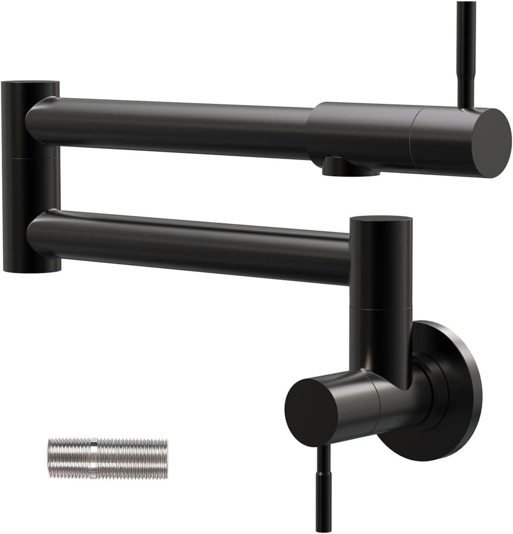 Pot Filler Faucet Matte Black, Wall Mount Folding Kitchen Faucet with Double Joint Swing Arms, Single Hole 2 Handles, 304 Stainless Steel