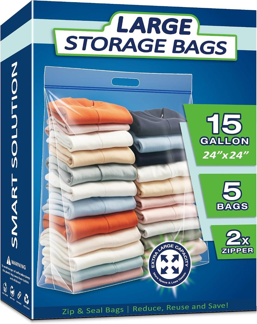 15 Gallon Large Resealable Storage Bags with Zipper Top | 24" x 24" Heavy Duty Clear Bags with Handles, 4 Mil Thick, Perfect for Clothing, Pillows, Travel, and Moving (5 Packs)