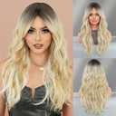 PARK YUN Long Wavy Ombre Blonde Wigs with Bangs for Women 26 Inch Dirty Blonde Highlight Curtain Bangs Wig with Dark Root Natural Looking Blonde Hair Synthetic Heat Resistant Wigs