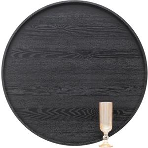 24 inch Round Solid Wood Serving Tray Extra Large Tea Coffee Snack Food Meals Serving Plate Non-Slip Kitchen Party Bar Server Ottoman Tray Breakfast Tray with Raised Edges Black