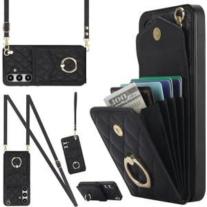 MRRSIWEI for Samsung Galaxy S25+ / S25 Plus (Not S25) Wallet Case with Card Holder, PU Leather with Crossbody Lanyard Wrist Strap Kickstand Cover for Women Case for Samsung S25 Plus.Lanyard Black