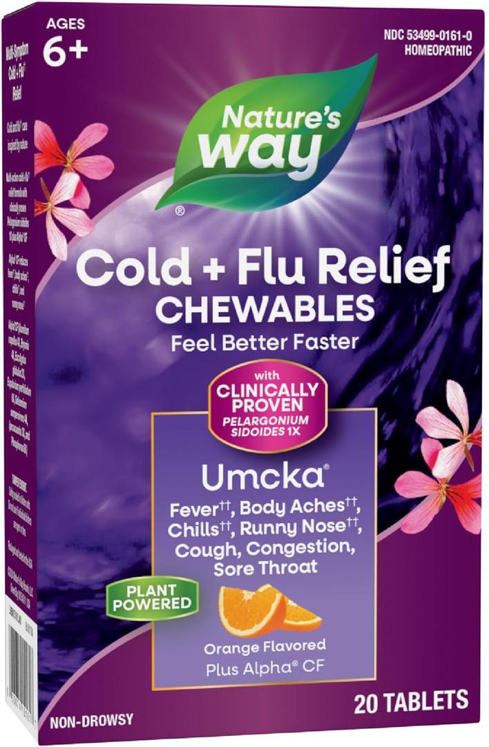 Nature's Way Cold+Flu Relief Chewables, Umcka, Shortens Duration & Reduces Severity, Multi-Symptom Relief, Homeopathic, Non-Drowsy, Orange Flavored, 20 Chewable Tablets (Packaging May Vary)