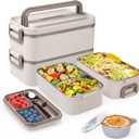 Bento Box Adult Lunch Box, Stackable 2 Layer 304 Stainless Steel Lunch Container for Adults Kids Office, 2L Capacity Portable Lunch Box Containers with Soup Bowl Spoon and Fork