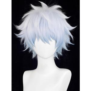 Half and Half Short Light Blue Wig for Men Blue Anime Cosplay Wig Male White Blue Spiky Layered Wigs with Bangs for Unisex Women Halloween Party