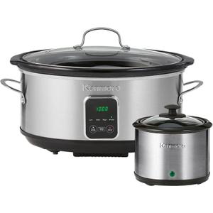 Kenmore Programmable 7 qt (6.6L) Slow Cooker with Dipper Sauce-Warmer, Black and Silver, Stainless Steel, Digital Display, One-Touch Controls, Braise, Simmer, Sous Vide, Stew, Soup, Chili, Curry, 7 Quarts
