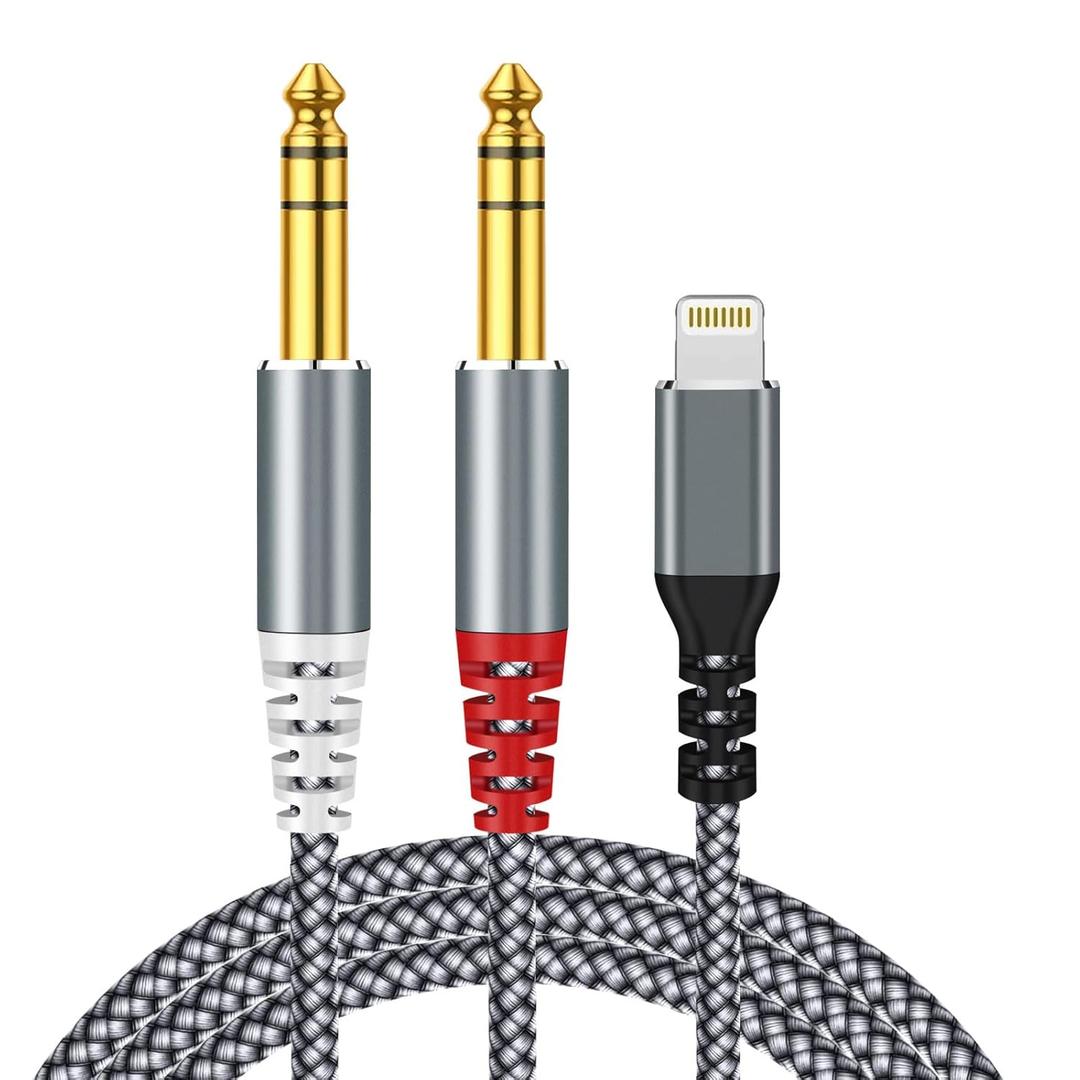 10FT Dual 1/4" Stereo Audio Cable Compatible with Lightning to Dual 6.35mm Stereo Y Splitter for i-Phone14/13/12 i-Pad, Amplifier, Speaker, Mixing Console Note: NOT Applicable to Recording