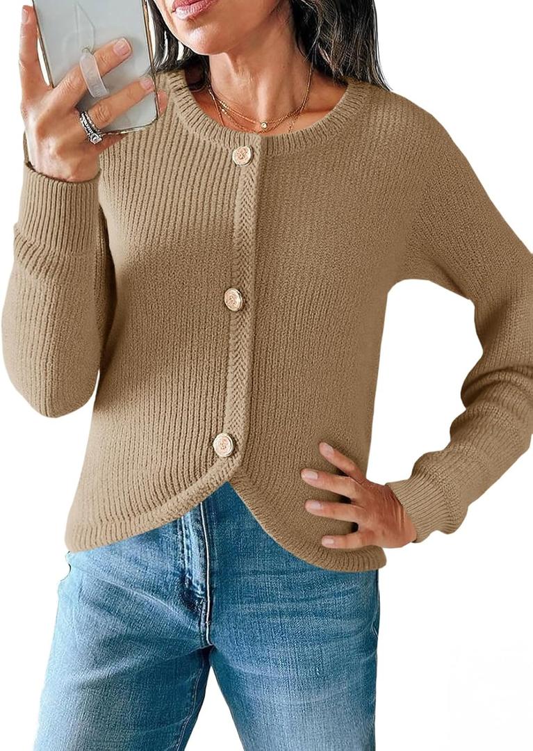 Saodimallsu Womens Cropped Cardigan Sweaters Button Up Long Sleeve Crewneck Fall Dressy Casual Knit Sweater Jackets (Small, Khaki)