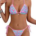 Tainehs Women's Sexy Halter Bikini Set Triangle Top String Swimwear Two Piece Swimsuits Cheeky Bathing Suit (Pink Tiny Flower) S