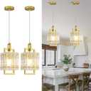 Gold Pendant Light Fixture - Modern Kitchen Island Water Ripple Glass Square Light - Adjustable Hanging Lighting for Kitchen Dining Room Over Island - 2 Pack, L7" x W7" x H12"
