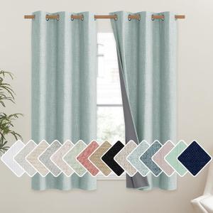 NICETOWN 100% Absolutely Blackout Linen Curtains with Thermal Insulated Liner, Seafoam Green, 42" Wide, 54" Length Energy Saving Curtains for Dining Room 2 Panels Set, Vertical Blinds