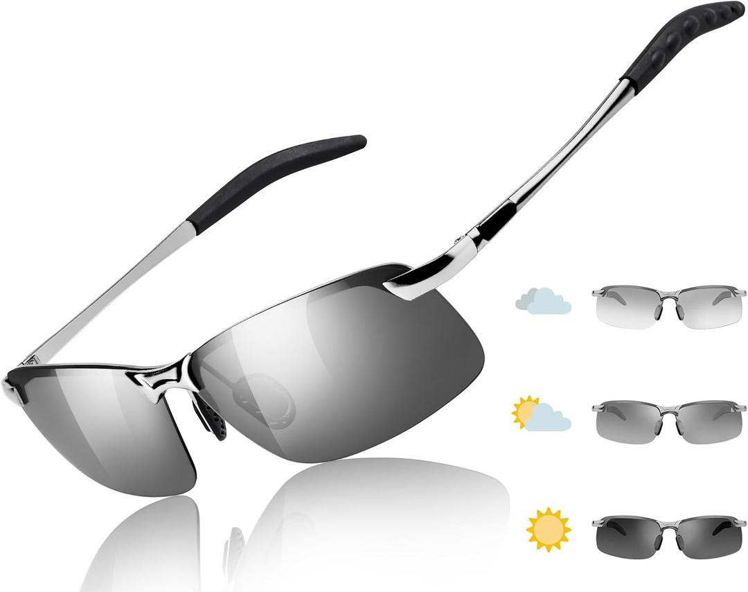 Myiaur Polarized Photochromic Z87 Sunglasses for Men, Day and Night Safety Sun Glasses UV 400 Protection (A3 Silver Frame Photochromic Grey Lens)