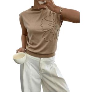 Women's 3D Floral Knit Tops Cap Sleeve Mock Neck Elegant T Shirts Summer Fall Tops Streetwear (L)