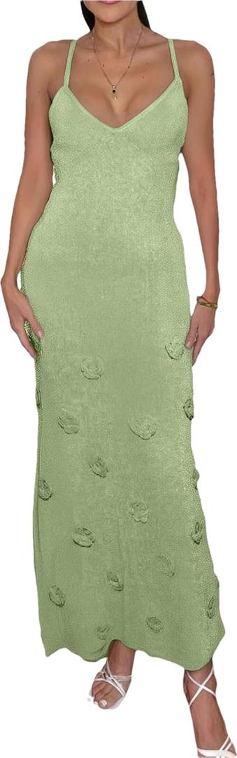Women's Knit Maxi Dress Spaghetti Strap Floral Dresses Bodycon Knitted Beach Long Dress Backless Swim Cover up Dresses (Medium, Green)