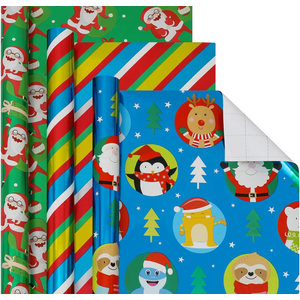 Christmas Foil Wrapping Paper with Cut Lines on Reverse 3 Rolls Pack - Dancing Santa Claus, Colorful Stripes and Assorted Christmas Characters - Holiday Wrapping Paper Bundle, 24 Inch X 144