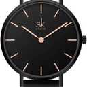 SHENGKE SK Ultra Thin Minialist Women Watches Simple Two Hands Ladies Dress Watch Leather Strap (Black)