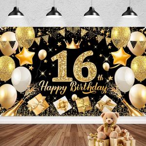 Happy 16th Birthday Banner Backdrop Black and Gold - 71x43 Fabric - Large Happy Birthday Sign for Backdrop, Birthday Party Photo Background Decorations for Men Women
