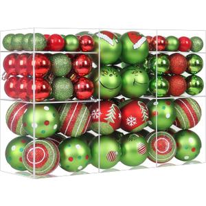 100 Pcs Christmas Ornaments Set for Tree, Red and Green Xmas Decorations, Shiny and Glitter Assorted Shatterproof Hanging Balls Decor Baubles Set for Party/Home/Garland/Wreaths