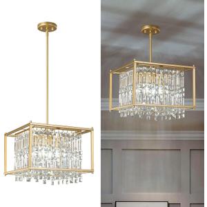 LMQNINE Modern Foyer Chandelier, Gold Crystal Chandelier Entryway Pendant Light Fixture, Square Adjustable Height Chandeliers for Kitchen Island, L15.74'' x H9.84''