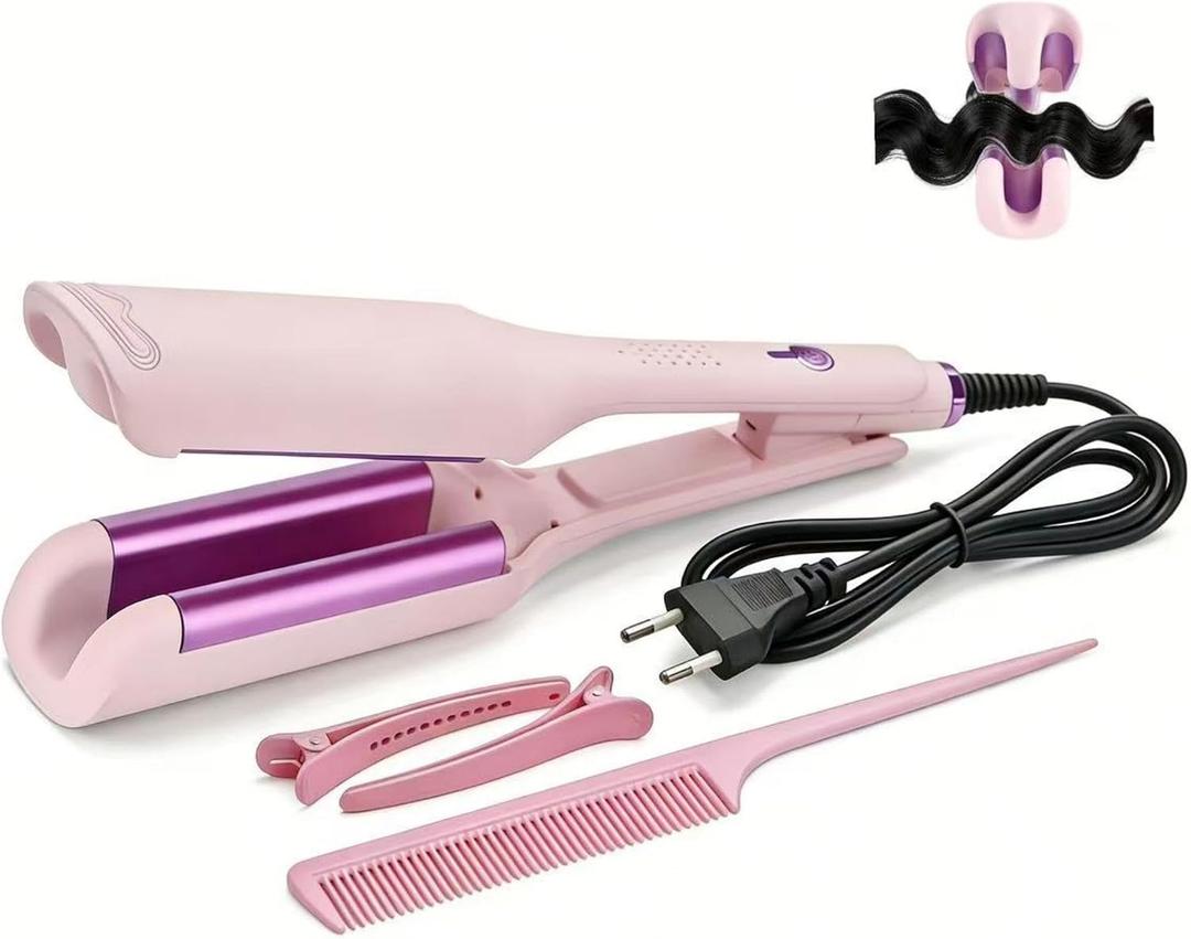 Hair Crimper for Womens Beach Waves Pink Deep Waver Curling Iron, 1.25-Inch Ionic Ceramic Hair Tool with Four Temperature Settings, Easy to Use for Long/Short HairPink