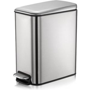Bathroom Bin, 1.3 Gallon Stainless Steel Pedal Bin Waste Bin with Lids, Slow Drop Closing Slim Rubbish Bin Pedal Waste Basket for Bathroom, Kitchen, and Office (5L, Silver)
