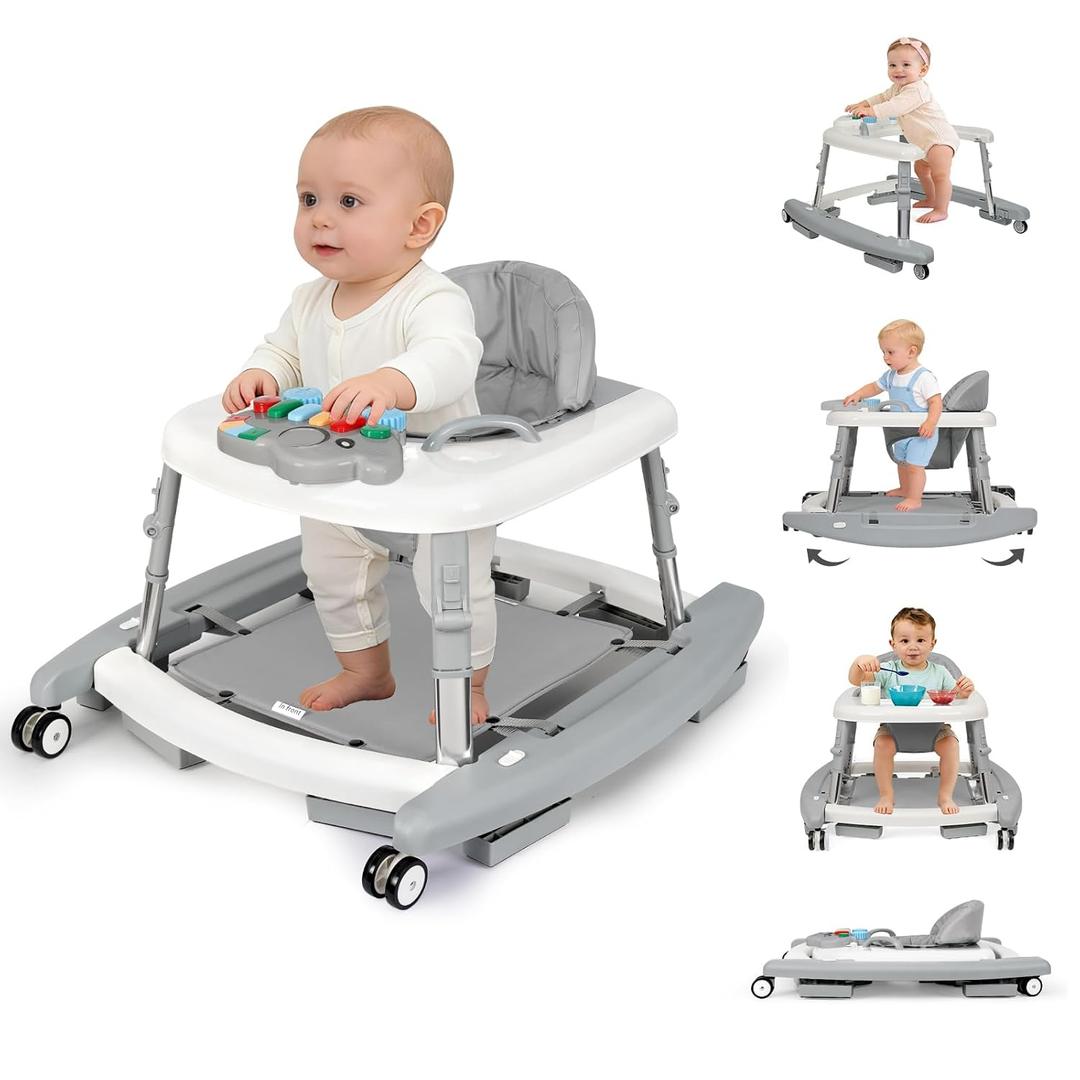 5-in-1 Baby Walker for Boys and Girls Music and Lights 6-18 Months, Foldable Baby Walkers with 5 Adjustable Heights, Infant Toddler Walker with Wheels and Combo PortableGrey