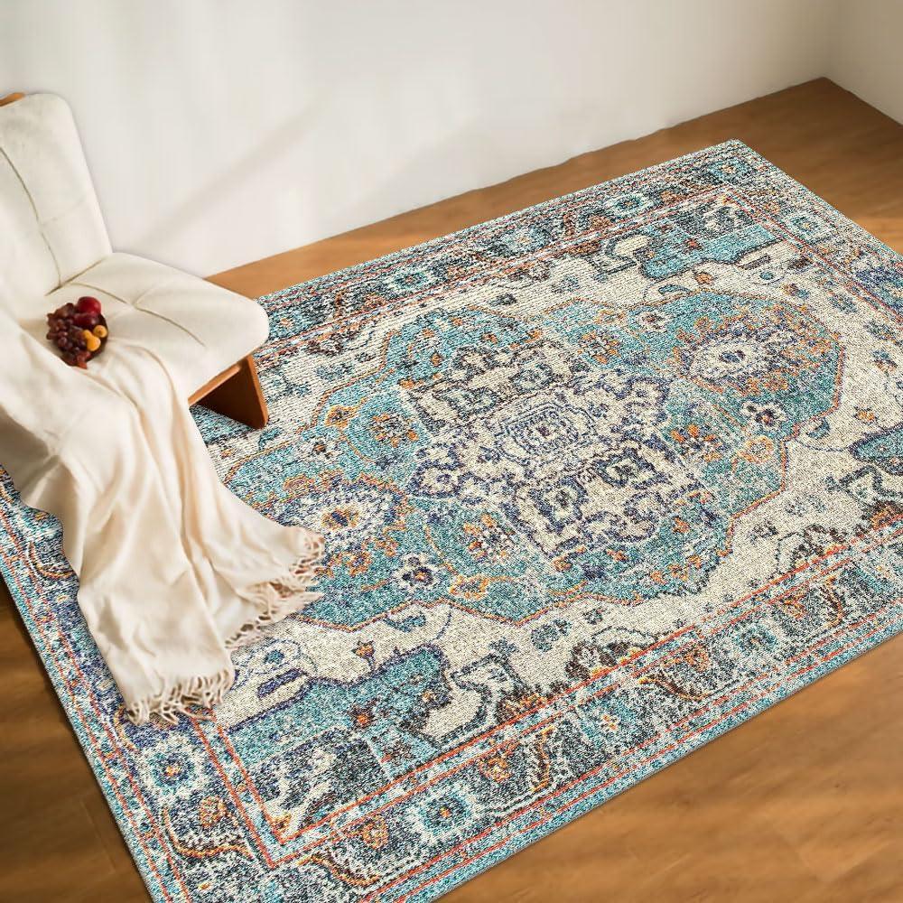 Washable 5x7 Area Rugs for Bedroom, Living Room Rug Non Slip Dining Room Mat, Large Oriental Soft Stain Resistance Indoor Throw Carpet for Nursery Playroom Office (Zr3- Washed Carpet-emerald)