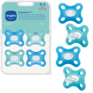 MAM Comfort Baby Pacifier 0-3 Months, Specially for Smaller Newborn Mouths, Lightweight One-Piece BPA-Free Silicone,Easy to Clean, Best for Breastfed Babies, 4 Pk, Made in Europe (4 Count (Pack of 1), Ice water/Sapphire)