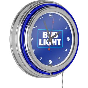 Neon Clock - Retro Bud Light Blue Analog Wall Clock with Pull Chain - for Kitchen, Garage, Game Room, or Home Bar by Trademark Gameroom, 14.5" X 14.5" X 3"