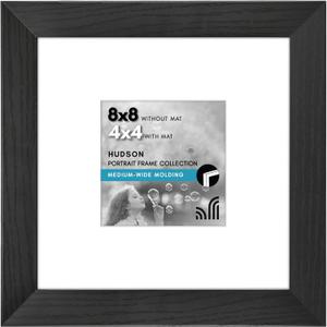 Americanflat 8x8 Picture Frame with Shatter-Resistant Glass - Use as 4x4 Frame with Mat or 8x8 Frame Without Mat - Hudson Collection - Wide Photo Frame for Tabletop and Wall Display - Black (8x8 Use 4x4 Picture For Mat)