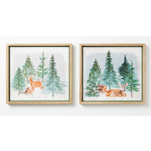 2PCS Vintage Forest Deer Framed Wall Art Set Rustic Farmhouse Artwork Prints Wall Decor for Home Bedroom Living Room 16.5x16.5 Inch