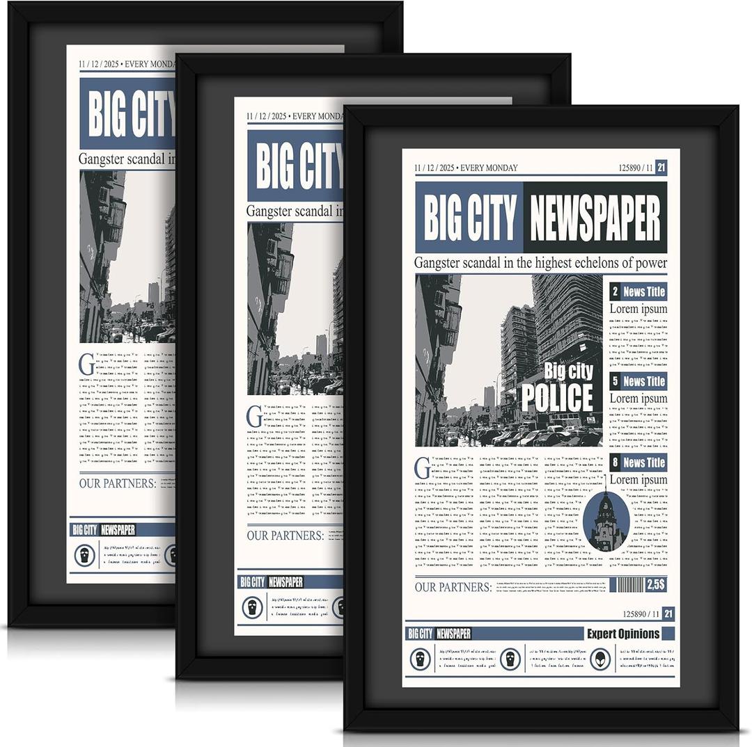 3 Pcs 11x22 in Newspaper Frame with Mat Assorted Media Article Cover Frame with Hanging Hardware 14x24 in Newspaper Display Poster Frame for Wall Decoration (Black Mat)