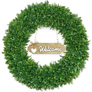22 Inch Christmas Wreath Boxwood Wreath Realistic with Welcome Sign Faux Green Preserved Boxwood Wreaths Outdoor Spring Fall Winter Wreaths for Front Door Outside for Porch Farmhouse Wall Home Decor