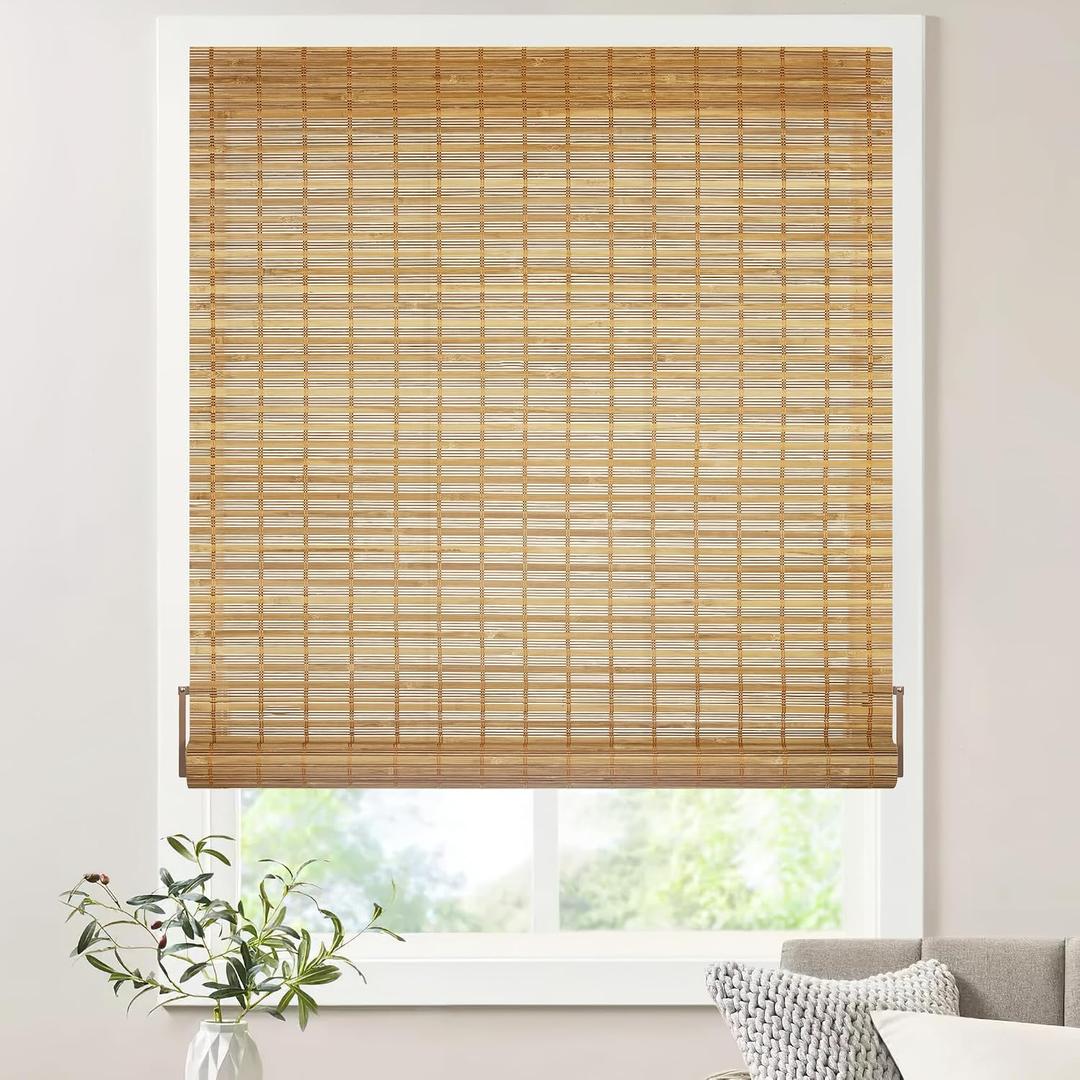 LazBlinds No Tools No Drill Bamboo Roller Shades, Cordless Bamboo Blinds, Light Filtering Roll Up Blinds for Windows, French Door, Porch or Patio, 30'' W x 64'' H, Squirrel