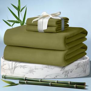 DECOLURE 100% Viscose Derived from Bamboo Sheets Queen Size 4pcs - Ultra Soft & Luxuriously Cooling, 17" Deep Pocket, Double Stitching,Perfect for Hot Sleepers - Queen Bed Sheets (Light Olive)