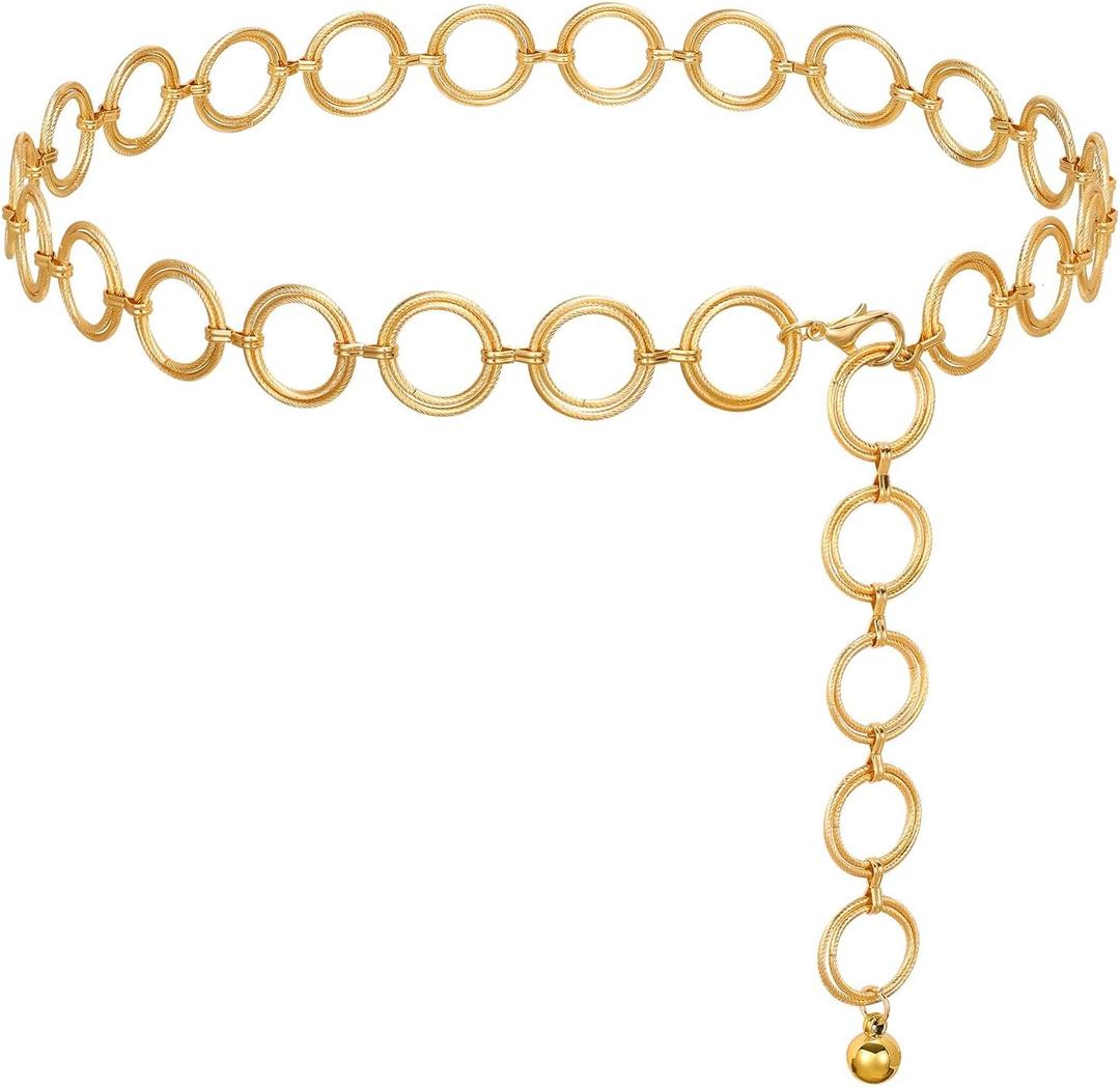 WHIPPY O-Ring Metal Waist Chain Belt Women Fashion Adjustable Body Link Belts for Jeans Dresses, M: Fit for Waist up to 36" Round