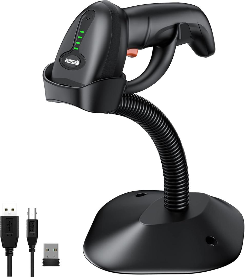 Symcode Bluetooth Wireless Barcode Scanner with Auto-Sensing Stand,Putting on Stand to Scan Automatically Sense Scanning 2D QR Bluetooth Barcode Scanner with Battery Level Indicator More-to-one Mode (Bluetooth Barcode Scanner with Auto-Sensing Stand)