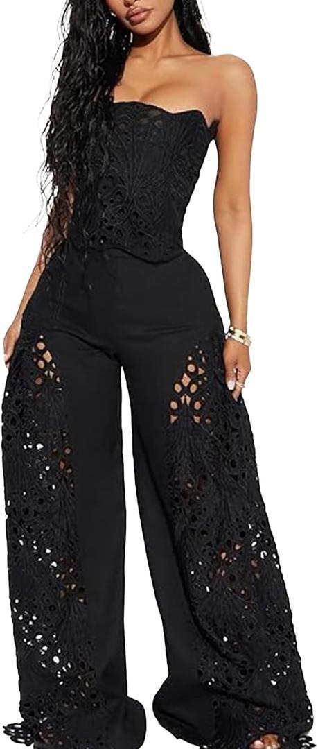 Mandonce 2 Piece Sets for Women Off Shoulder Lace Tube Top and Lace Flowy Wide Leg Pants Beach Vacation Sexy Outfit Going Out (Black, XL)