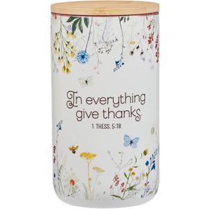 Christian Art Gifts Keepsake Count Your Blessings Ceramic Gratitude Jar Set w/Bamboo Lid: In Everything Give Thanks - 365 Bible Verse Note Cards, Multicolor Flowers & Butterflies, White/Purple Floral