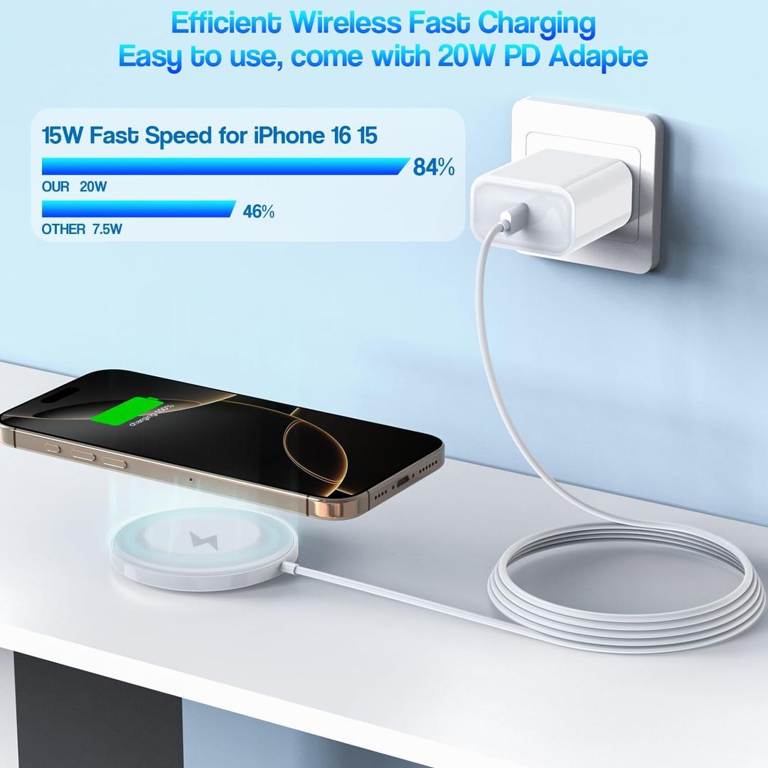 Magnetic Wireless Charger for iPhone 16 15,1Pack 6FT 15W Apple Fast Mag-Safe Charger,with USB C Fast Charging Block Adapter for iPhone 16/16 Pro/Pro Max/15/14/13/12/Plus/Pro/Pro Max,AirPods 3/2/Pro 2 (White)