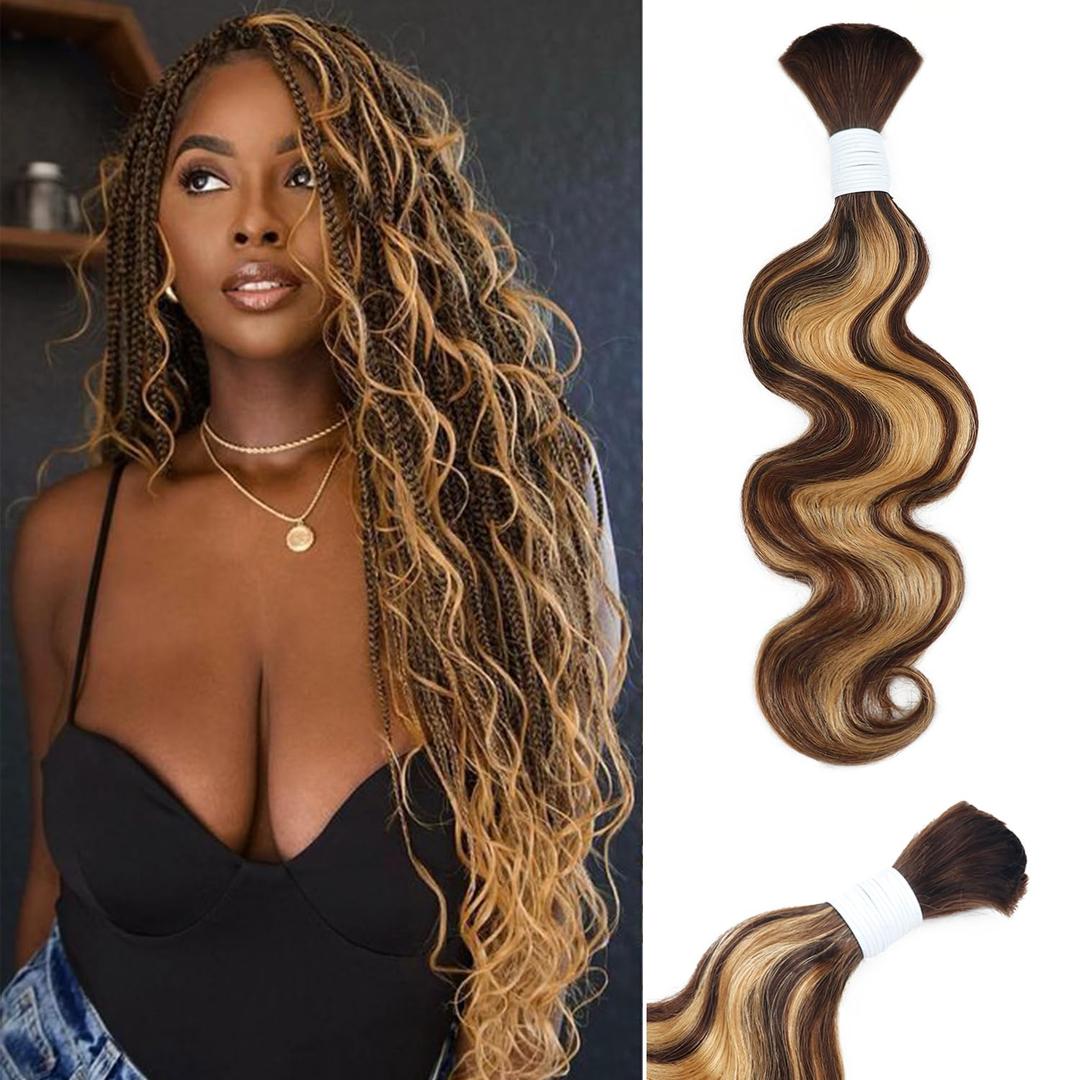 Body Wave Curly 4/27 Human Braiding Hair 100g One Bundle/Pack Bulk Human Hair for Braiding No Weft Human Hair Braiding Hair for Boho Braids (16 inch, Body Wave 4/27)