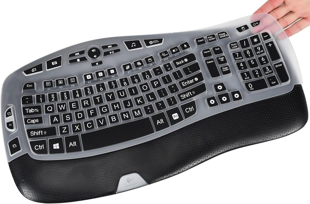 CaseBuy Keyboard Cover with Large Letters Compatible with Logitech K350 MK550 MK570 Wireless Wave Ergonomic Keyboard Protector with Oversized Print Letters -Black