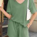 Tankaneo Womens 2 Piece Outfits Shorts Set Summer Casual Short Sleeve V Neck T Shirts Tops Matching Lounge Sets (Green, XXL)