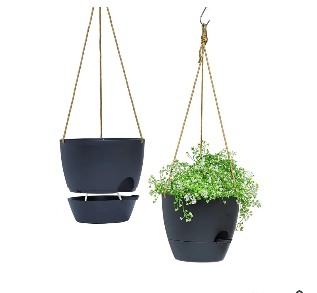 8 inch Hanging Planters, 2 Pack Self Watering Hanging Pots with 20oZ Deep Reservoir for Indoor Outdoor Plants Flowers, Black